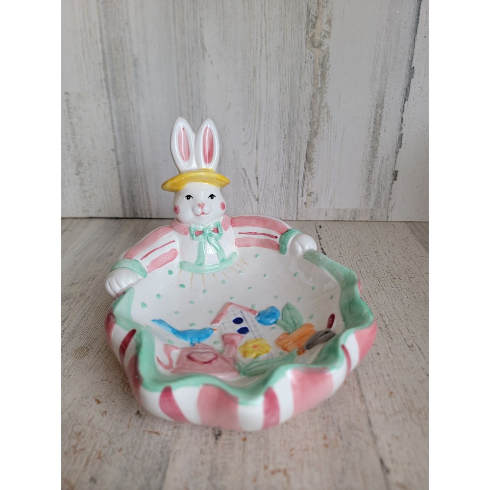 Palm tree unique Easter Bunny Candy dish birdhouse spring ceramic vintage